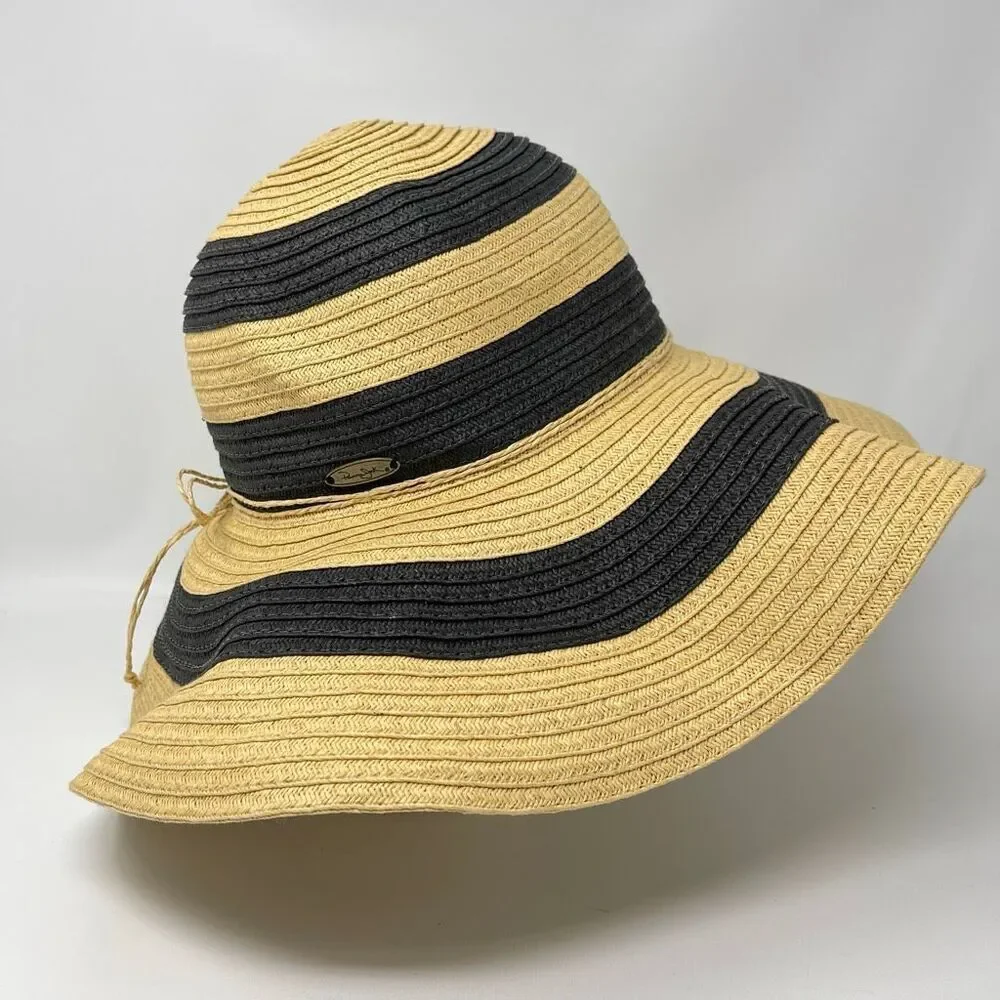 Panama Jack Sun Straw Hat Tan Navy Blue Tassel Floppy Wide Brim Women’s OSFM